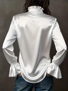 Back view detail of elegant white satin blouse featuring ruffled collar and flared cuffs