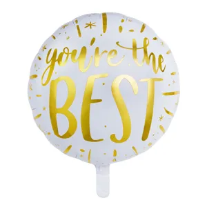 Close-up of a white round foil balloon with golden 'you're the BEST' text.