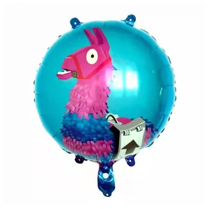 Detail showing 18 inch round Fortnite Llama printed blue foil balloon for birthday party
