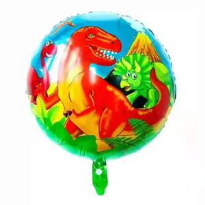 Colorful 18-inch round dinosaur foil balloon with volcano illustration for party decor
