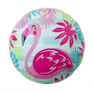 Detailed view of 18-inch round foil balloon with pink flamingo and tropical leaf print