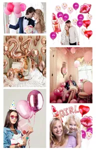 Collage of pink and red foil balloons in heart and lip shapes for party decoration.