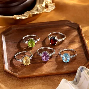S925 silver adjustable gemstone rings with colorful crystal stones