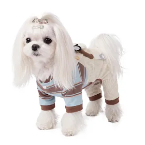 Preppy Corduroy Dog Jumpsuit Fake Two Piece Striped Winter Pet Clothes Four Legged Warm Apparel With Doll Accent For Small Medium Dogs