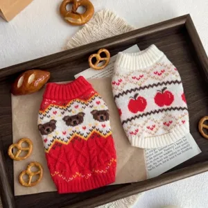 Nordic Fair Isle Knitted Pet Sweater Christmas Bear Apple Pattern Warm Dog Clothes Sleeveless Knitwear For Cats Small Medium Dogs Holiday Outfits