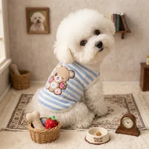 Cute striped pet sweater for dogs and cats, cozy knit winter apparel with adorable cartoon bear.
