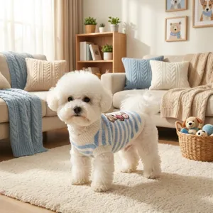Detailed view of cute knitted pet sweater with blue stripes, lapel and warm fabric for dogs.
