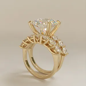 Detailed view of a luxury double band gold ring featuring a large solitaire round zirconia and pavé stones.
