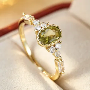 Minimalist Retro Geometric Ring For Women Eco-Friendly Copper Zirconia Olive Green Stone Elegant Fashion Jewelry Finger Ring
