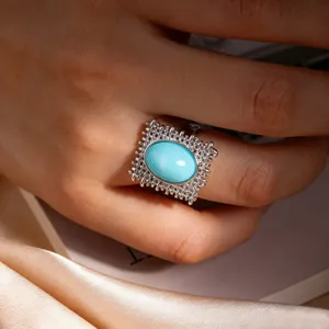 Vintage Silber offener Ring mit ovalem blauem Türkis Stein und zartem hohlem Spitzendesign.