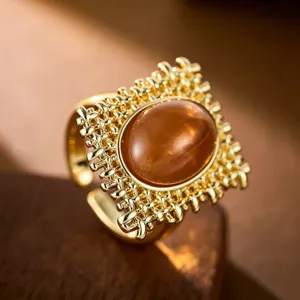 Vintage vergoldeter offener Filigran Ring mit bernsteinfarbener Stein Damen Schmuck