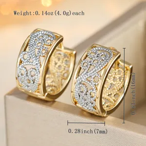 Two-tone filigree hoop earrings, retro court hollow wide design, exquisite luxury jewelry.