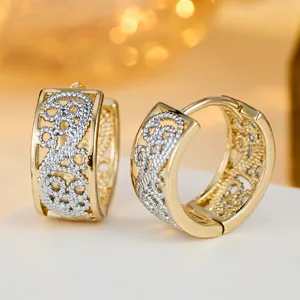 Vintage Two Tone Filigree Hoop Earrings Retro Palace Hollow Wide Design Copper Fashion Jewelry For Women
