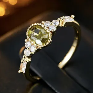 Elegant olive zircon ring with retro geometric design, luxurious gold-plated jewelry for women.