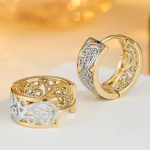 Two-tone filigree hollow hoop earrings, vintage court style delicate gold and silver jewelry.
