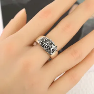 Vintage Thai Silver 3D Rose Wide Ring Women Elegant Multi-Layer Flower Finger Jewelry