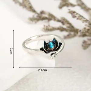 Retro blue black gradient lotus open ring, elegant luxury finger jewelry for women detail.