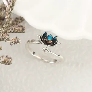 Vintage silver lotus flower open ring with blue and black enamel gradient, adjustable jewelry.
