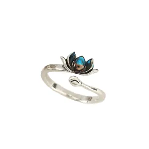 Exquisite Chinese style lotus ring with blue-black gradient enamel, adjustable silver band.