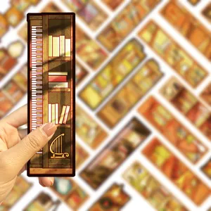 Creative vintage bookshelf bookmark close-up, aesthetic piano keys and book design stationery.