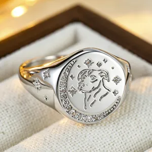 Widder Sternbild Gravierter Ring Für Damen Kupfer Zirkonia Siegelring Sichelmond Stern Muster Nische Premium Zeigefinger Ring Schmuck Geschenk