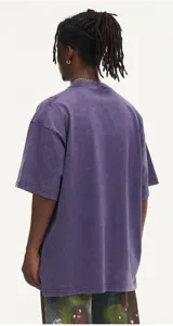 Heavyweight vintage washed oversized purple short sleeve t-shirt for men back view detail.