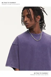 Heavyweight washed purple oversized t-shirt detail showing premium fabric texture and crew neck.
