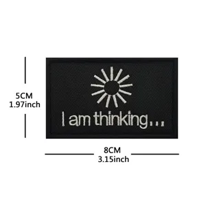 Black embroidered patch with loading icon and I am thinking slogan, 8x5cm tactical morale badge.