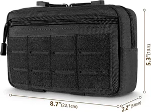 Bolsa utilitaria tactica EDC negra con sistema MOLLE y dimensiones claras para equipo diario.