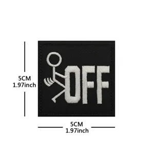 Black embroidered tactical patch with funny stick figure and OFF text, durable hook and loop