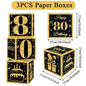 Black and gold 3pcs paper boxes for 80th birthday party decoration and celebration atmosphere.