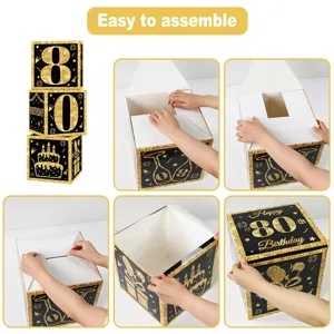 Close-up details of black and gold 80th birthday party decoration boxes assembly.