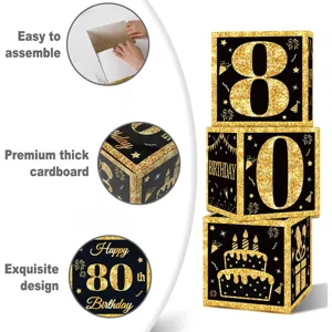 Black and gold 80th birthday decorative cardboard boxes set for party celebration setup.