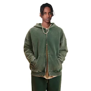 Detail view of men's vintage washed zip-up hoodie featuring double zippers and pocket.