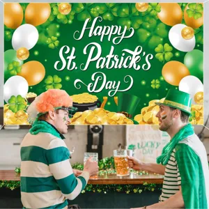 St. Patrick's Day banner backdrop door cover, shamrocks and gold coins party decoration cloth.