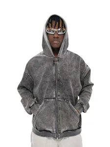 Men's Washed Heavyweight Full Zip Hooded Sweatshirt Vintage Loose Fit Casual Drop Shoulder Cotton Hoodie Jacket