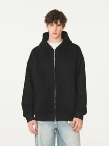 Black full-zip hoodie detail shot, heavy cotton fabric, comfortable loose fit outerwear.