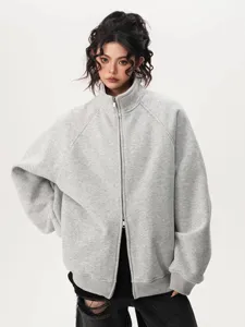 Men's Heavyweight Zipper Cardigan Sweatshirt Stand Collar Solid Color Casual Loose Fit Long Sleeve Jacket Autumn Winter Top