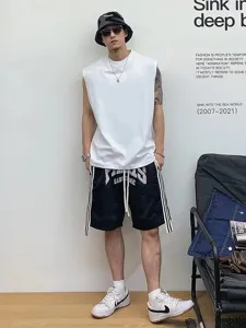 Schwere Baumwolle ärmellose Weste für Herren, lässiger Sommer Streetwear lose Top, einfarbig.