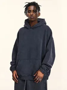 Vintage washed heavy fleece hoodie for men, featuring a relaxed oversized fit and cozy hood design.