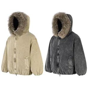 Close-up details of thick corduroy hooded winter jacket with warm fur trim and full zipper.