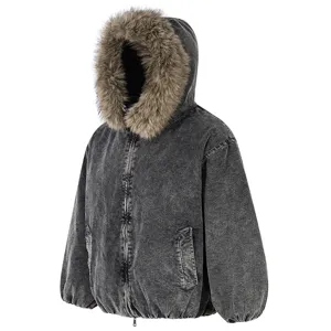 Detailed view of winter thick corduroy hooded jacket with plush fur trim and zipper closure.