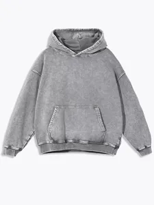 Close-up detail of washed grey heavyweight hoodie, vintage loose hooded sweatshirt texture.