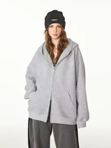 Heavyweight grey zip up hoodie for men, loose fit casual streetwear jacket top for autumn winter