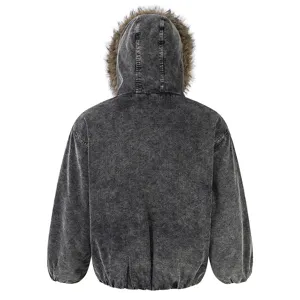 Detailing view of a men's black corduroy hooded jacket with faux fur trim, warm winter coat.
