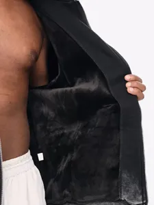 Thick fleece lined hoodie interior detail shot, showing ultra warm plush texture and smooth zipper.
