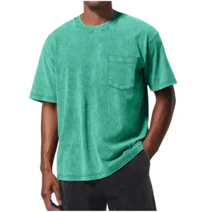 Vintage wash men's pocket t-shirt casual short sleeve loose tee streetwear solid color top