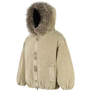 Detail view of winter men's thick corduroy hooded jacket with soft faux fur trim and zipper.