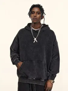 Retro heavy washed fleece-lined hoodie for men, vintage streetwear winter top.