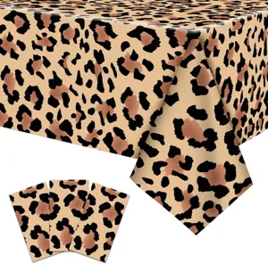 Leopard print disposable plastic tablecloth and matching napkins for party decor and events.